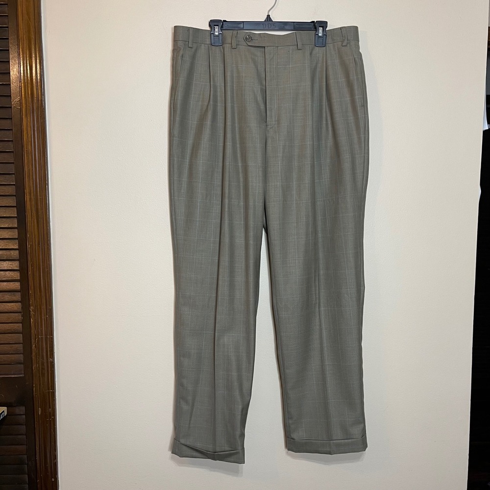 Ralph Lauren‎ Men's Plaid Dress Pants 38x32 Pleated Tan Blue Cuffed Dress Work